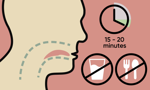 Illustration schématique montrant le temps d'attente recommandé de 15 à 20 minutes après la dissolution d'un timbre oral de cannabis, avec des icônes déconseillant de boire ou de manger pendant cette période